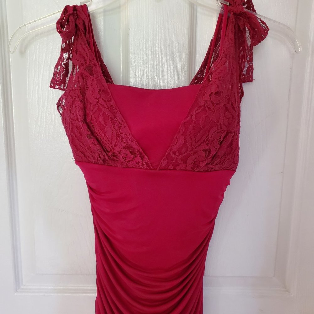 Deep red lace sleeveless top with ruching on sides